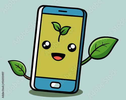 Cute Cartoon Smartphone with Leaf Details Promoting Eco Friendly Technology and Sustainability