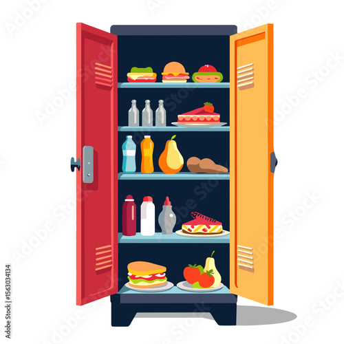 Vibrant gym locker filled with healthy food items, sports nutrition
