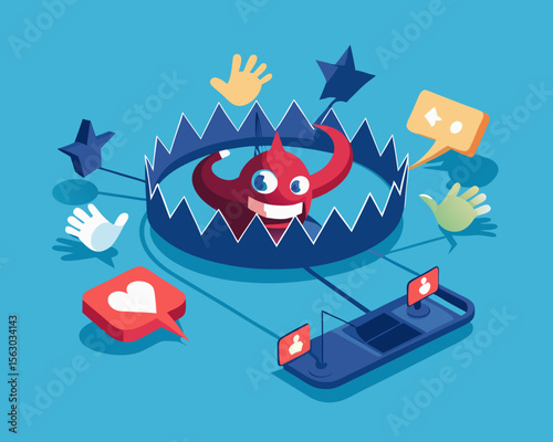 Social Media Trap with a Red Devil Character and Social Media Icons Around