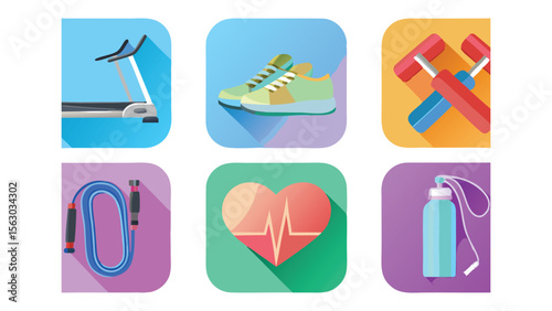 Illustration of fitness equipment including treadmill shoes weights skipping rope heart and water bottle 100