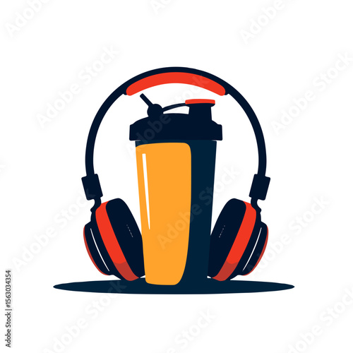 Dynamic shaker and headphones flat lay, energizing sports nutrition