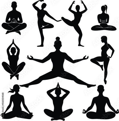 Dynamic yoga and fitness silhouettes vector set: women in various poses, perfect for sport and health illustrations