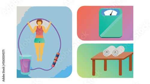 Illustration showing a woman jumping rope, a scale, towels on a table, and a glass of liquid drink