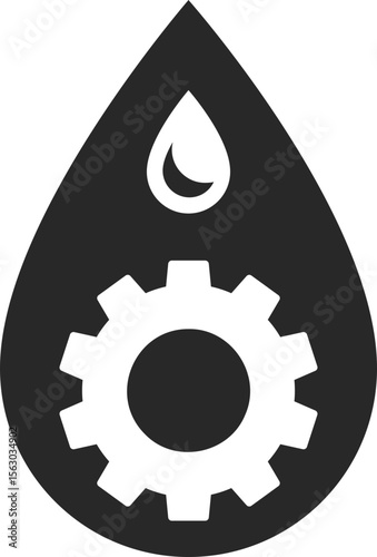 Oil droplet with gear solid icon used in fuel, machinery, and energy industry designs.