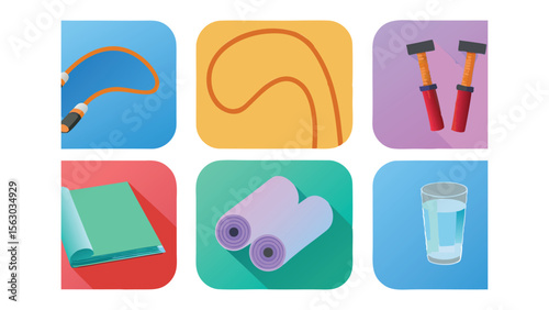 Collection of fitness equipment icons including jump rope yoga mat hand weights and water glass icons