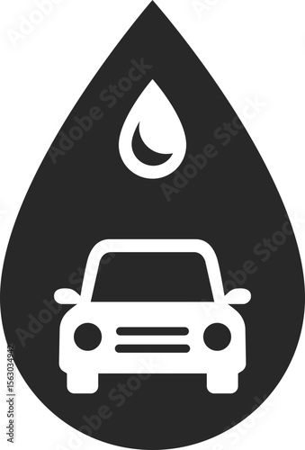 Oil droplet with car solid icon used in fuel, automotive, and energy industry designs.