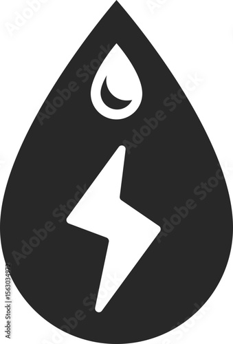 Oil droplet with lightning bolt solid icon used in fuel, electricity, and energy industry designs.