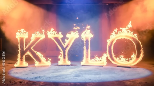 Spotlight on the burning text of Kylo in a dark room with dramatic lighting