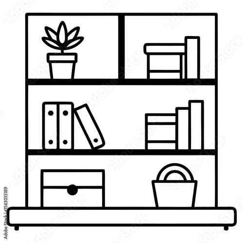 A tidy bookshelf with books, a small plant, a clock, and decorative items. Clean, flat design for cozy interiors.