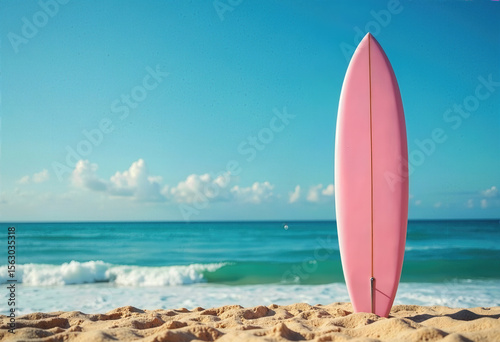 A lone pink surfboard stands ready on a golden sand beach, with gentle turquoise waves and a clear blue sky creating a serene and idyllic summer surfing scene.
