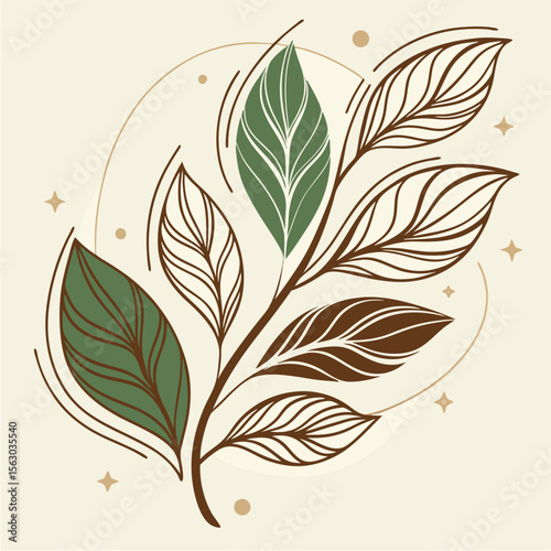 Luxury Leaf Motif with Minimalist Botanical Line Art and Elegant Typography, An elegant botanical emblem featuring a single leafy stem with a mix of green fills and brown outlines, paired with the cur