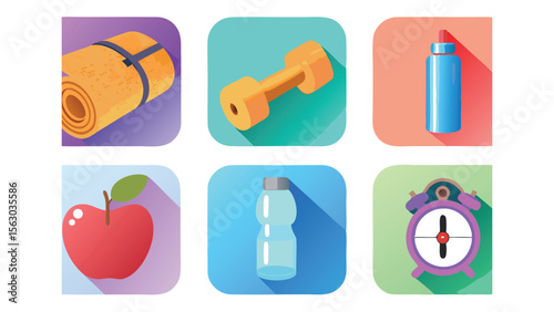 Illustration of fitness icons including a yoga mat dumbbell water bottle apple and an alarm clock design