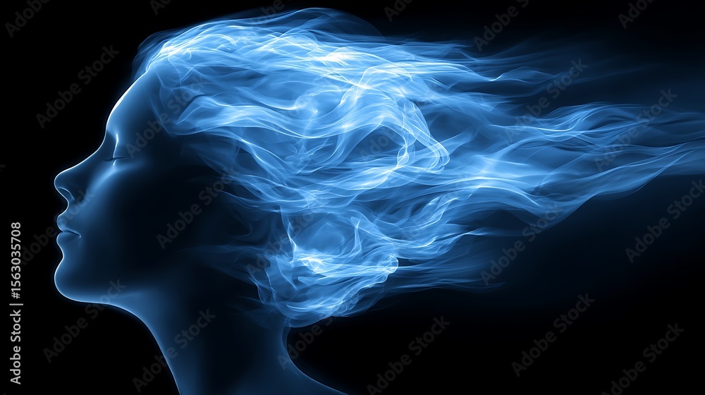 Mind energy lines flowing smoothly outward from head silhouette peaceful harmony flow Mind energy lines flowing smoothly outward from head silhouette peaceful harmony flow