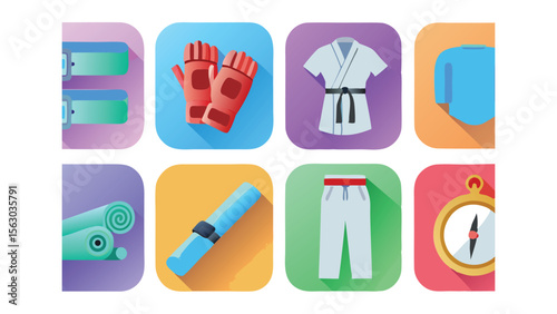 Illustration of martial arts and fitness equipment on colorful square backgrounds with soft shadows