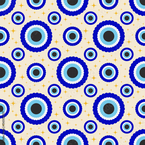 Evil eye seamless pattern. Greek and Turkish blue magic bead. Vector background with scalloped nazar - symbol of protection and luck. Mystic and spiritual talisman wallpaper
