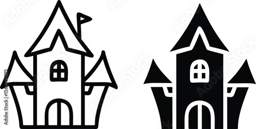 Spooky Castle Vector Icons – Black and White Halloween Haunted House Silhouette Illustration