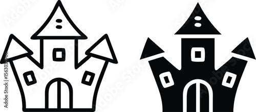 Haunted Castle Vector Icons – Black and White Halloween Spooky House Silhouette Illustration