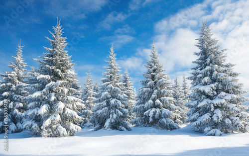 Snow-covered pine trees blanket a serene winter forest landscape, shimmering under a cold blue sky