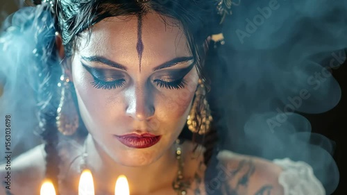 Voodoo sorceress performing a seance surrounded by candle smoke in a dimly lit atmosphere, Voodoo sorceress in seance candle smoke