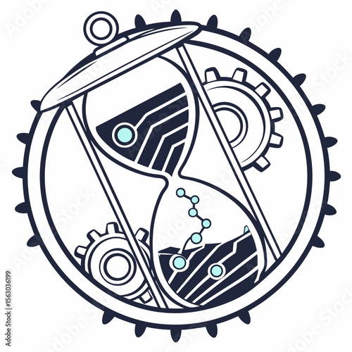 Timeshift Logo with Dual Hourglasses and Mechanical Motifs, A stylized circular emblem for “Timeshift,” featuring two opposing hourglasses linked by swirling lines, enclosed in a gear-edged frame with