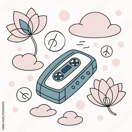 Retro Cassette with Peace Signs and Lotus Flowers in Whimsical Scene, A nostalgic vector illustration featuring a vintage cassette tape surrounded by floating peace symbols, lotus blossoms, fluffy clo