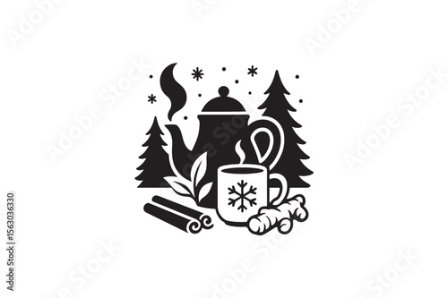 Winter Tea Brewing Station with Cinnamon and Ginger silhouette on white background.01