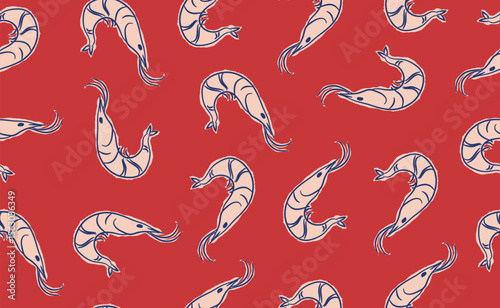 Hand drawn Italian Mediterranean seafood seamless pattern. Italy summer print, background with shrimps. Amalfi coast sea elements for Italy food menu, wedding, sketch, print. Flat vector illustration.