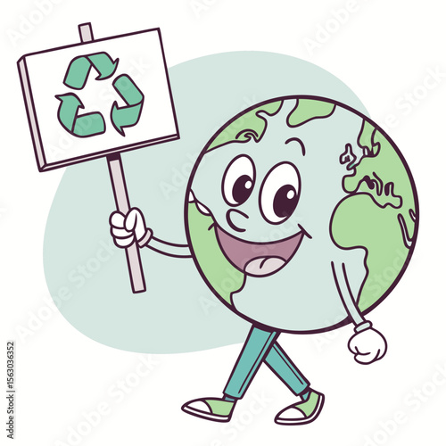 Earth Cartoon Character Holding Recycling Sign in Eco-Friendly Scene, A cheerful cartoon Earth with a smiling face, limbs, and expressive pose holds a recycling symbol sign, standing amid grass and cl