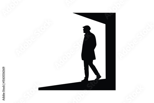 Man Walking Through Doorway Black and White Silhouette