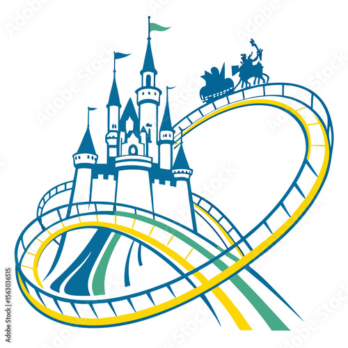 Fantasy Castle and Roller Coaster Fusion with Horse Carriage Silhouette, A whimsical vector scene combining a fairy tale castle with twisting roller coaster tracks in three bright colors, featuring a 
