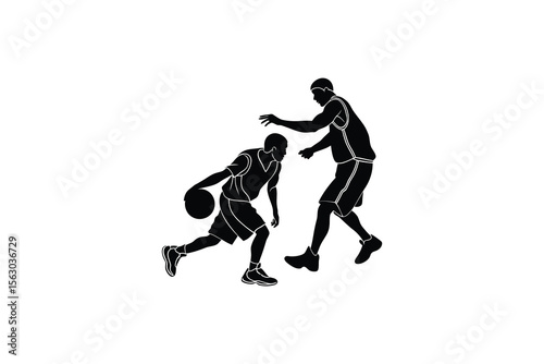 Basketball Players Dribbling and Defending in Black Silhouette Style