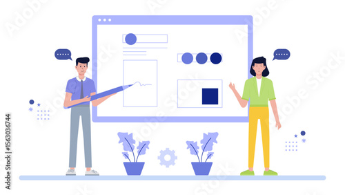 Two people showcase a website design on a large screen, suitable for technology or business presentations or web development concepts.
