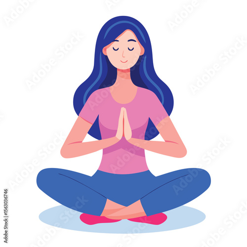 A serene cartoon woman in a pink lotus yoga pose, perfect for illustrating health, fitness, and relaxation