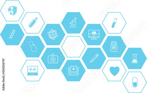 Abstract geometric health care background with hexagon shapes for medicine, science, chemistry. Medical background with flat icons and symbols