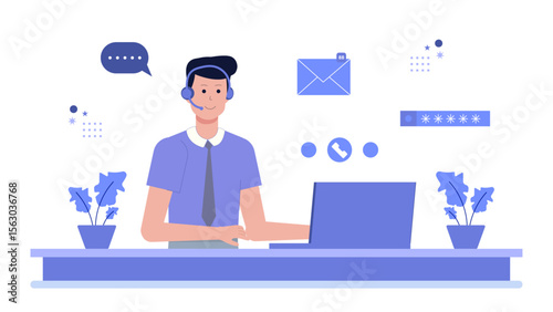 Customer service agent works at desk using laptop. Suitable for business websites, customer service blogs, call center promotions.
