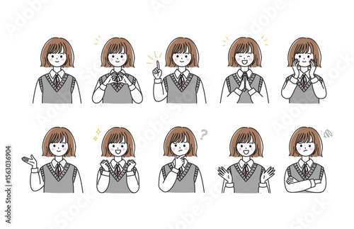 表情豊かなベスト制服女子学生のアイコンセット