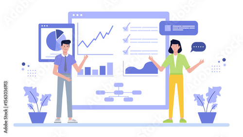 Two people showcasing charts and graphs in a digital presentation. Ideal for business presentations, reports, meetings, marketing materials, educational content.