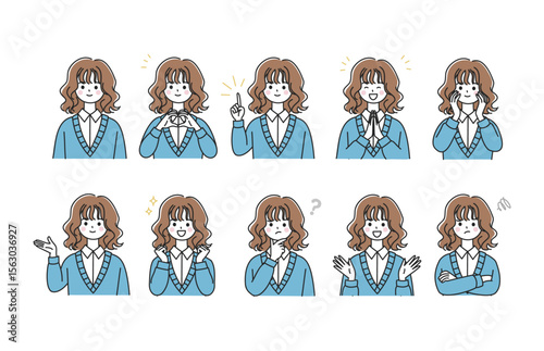 表情豊かな若い巻き髪女子の感情イラストセット