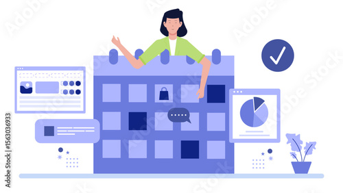 Woman using digital tools to plan tasks on a large calendar, suitable for scheduling, time management, organization concept in design.