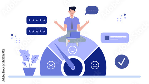 Man in meditation pose on customer satisfaction gauge. Suitable for business concepts, customer service, meditation, mindfulness, and satisfaction measurement.