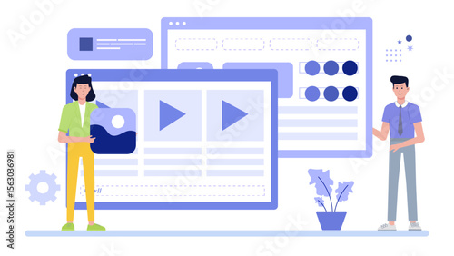 Two people collaborating on a digital project, planning and arranging graphic elements for a website design. Suitable for web development concepts.
