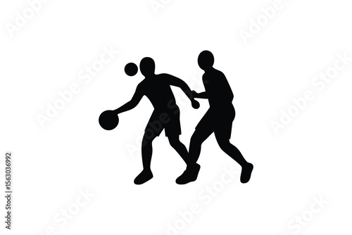 Basketball Players Dribbling and Defending in Black Silhouette