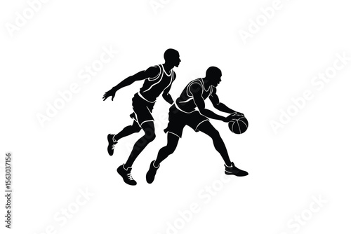 Two Basketball Players Dribbling and Running in Silhouette Style