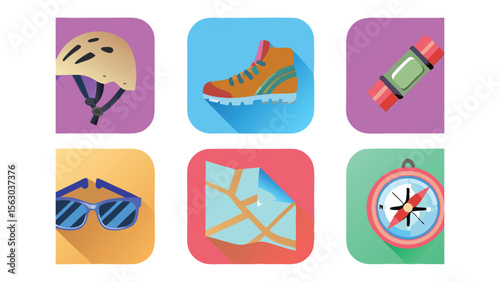 Illustration of outdoor adventure gear including helmet boot sleeping bag and navigational tools