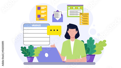 Woman multitasking on laptop with invoices, checklists, and emails. Perfect for business presentations, website graphics, and digital marketing materials.