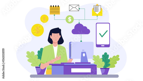 Woman at computer managing online finances, suitable for financial technology blogs, online banking websites, business coaching materials, and tech presentations.