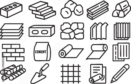Collection of line icons depicting various construction materials, including bricks, wood, cement, and metal sheets, ideal for architectural or engineering projects, websites, or presentations.