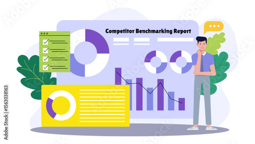 Competitor benchmarking report with charts and a man for business presentations, marketing strategies, market analysis, industry research, and infographic design.