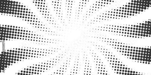 Dotted comic background with halftone pattern and radial wavy rays. Pop art sunburst vector bg. Abstract manga swirl backdrop