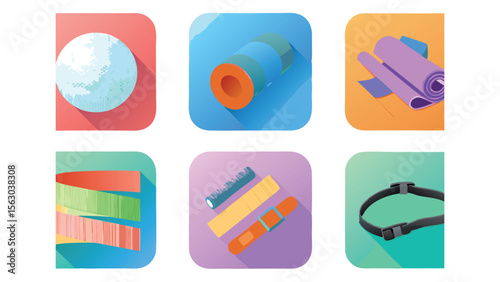Various fitness and exercise equipment icons on colorful rounded square backgrounds are displayed here